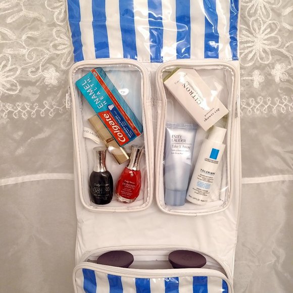 NWOT Estee Lauder Vinyl Travel Case, Blue & White Stripes - Picture 5 of 9